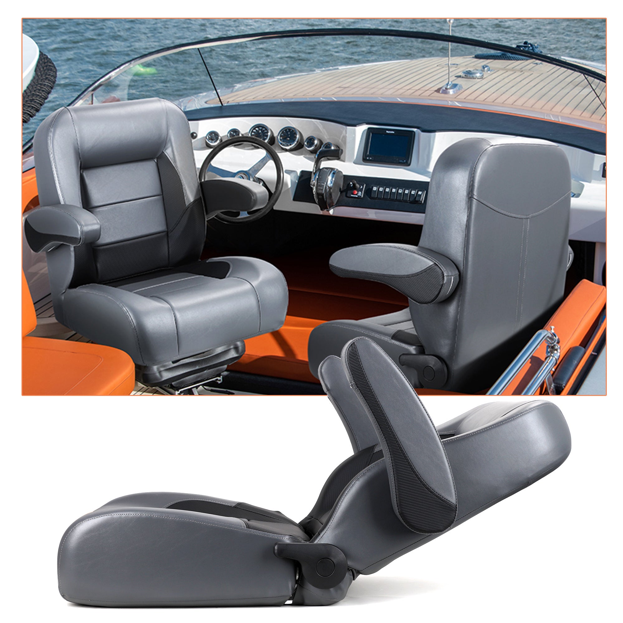 Premium Reclining High Back Pontoon Captain's Chair Boat Bucket Seat With Removable Armrest Light Grey Charcoal