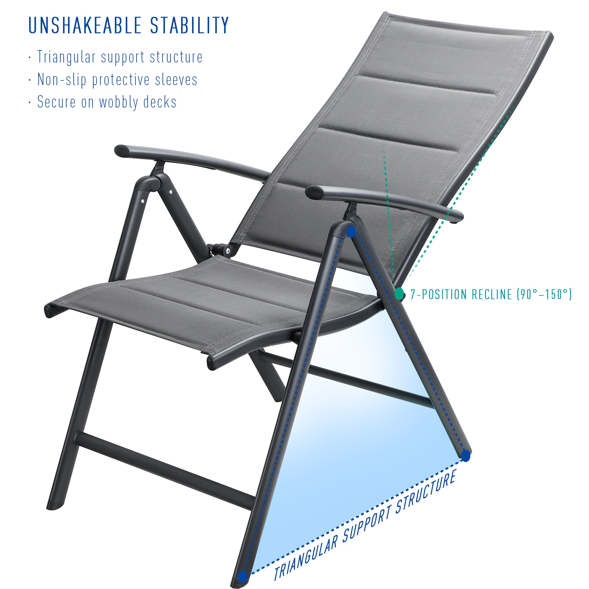 NORTHCAPTAIN 2 Pack Folding Boat Deck Chair, Aluminum 7-Position Adjustable Recliner, Fast Dry Padded Textilene High Back Chair, Non Slip Design for Yacht Deck Poolside Patio Outdoor Indoor