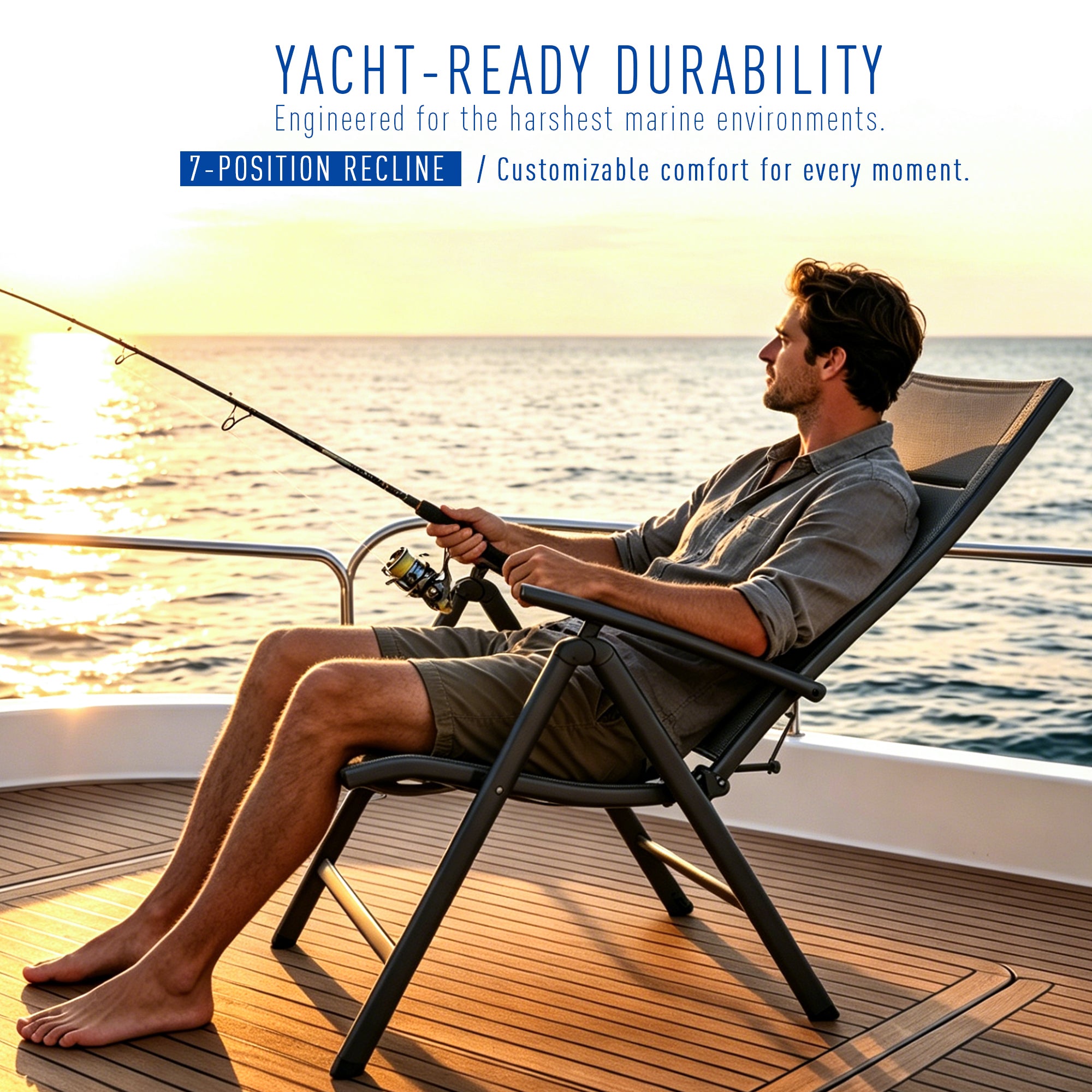 NORTHCAPTAIN 2 Pack Folding Boat Deck Chair, Aluminum 7-Position Adjustable Recliner, Fast Dry Padded Textilene High Back Chair, Non Slip Design for Yacht Deck Poolside Patio Outdoor Indoor
