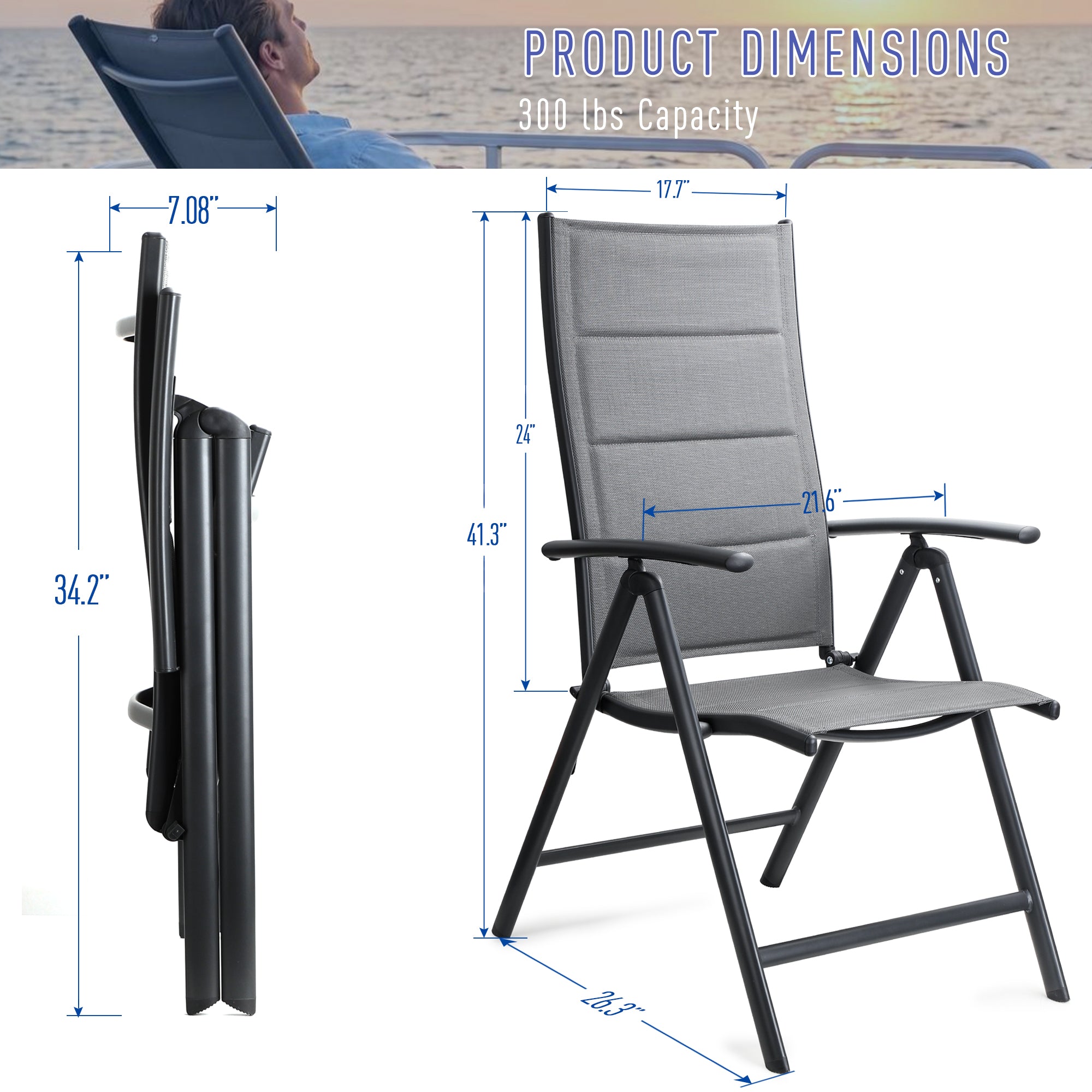 NORTHCAPTAIN 2 Pack Folding Boat Deck Chair, Aluminum 7-Position Adjustable Recliner, Fast Dry Padded Textilene High Back Chair, Non Slip Design for Yacht Deck Poolside Patio Outdoor Indoor
