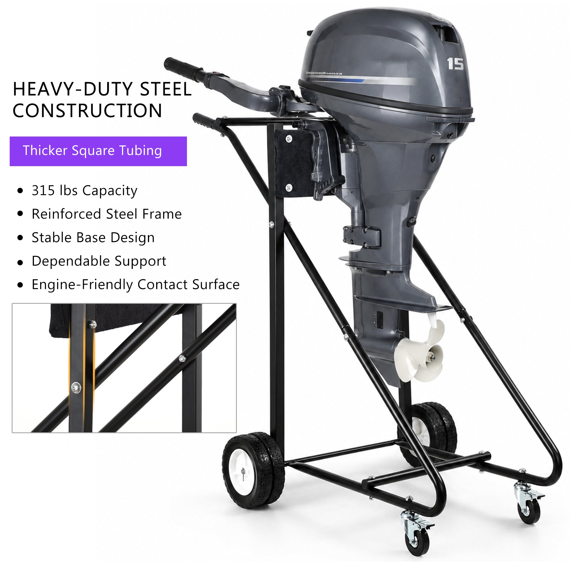 NORTHCAPTAIN Heavy Duty Outboard Motor Stand 315lbs Capacity, 6 Wheels with 2 Front Locking Swivel Casters, Black & Dark Grey Felt Padded Solid Wood Board,Portable Engine Stand for Garage Storage & Maintenance