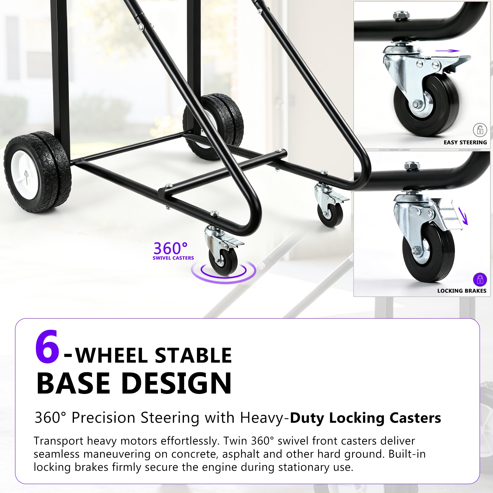 NORTHCAPTAIN Heavy Duty Outboard Motor Stand 315lbs Capacity, 6 Wheels with 2 Front Locking Swivel Casters, Black & Dark Grey Felt Padded Solid Wood Board,Portable Engine Stand for Garage Storage & Maintenance