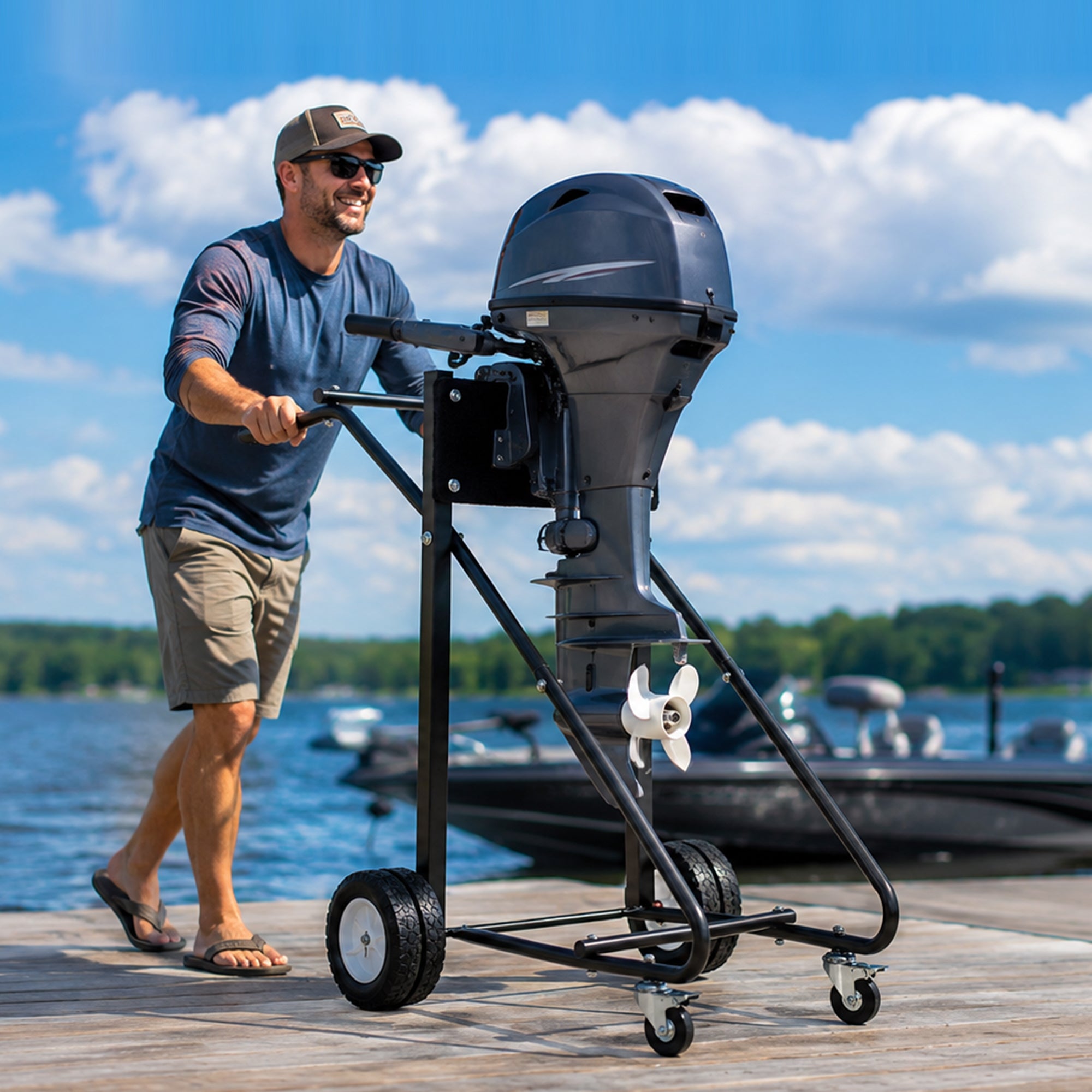 NORTHCAPTAIN Heavy Duty Outboard Motor Stand 315lbs Capacity, 6 Wheels with 2 Front Locking Swivel Casters, Black & Dark Grey Felt Padded Solid Wood Board,Portable Engine Stand for Garage Storage & Maintenance