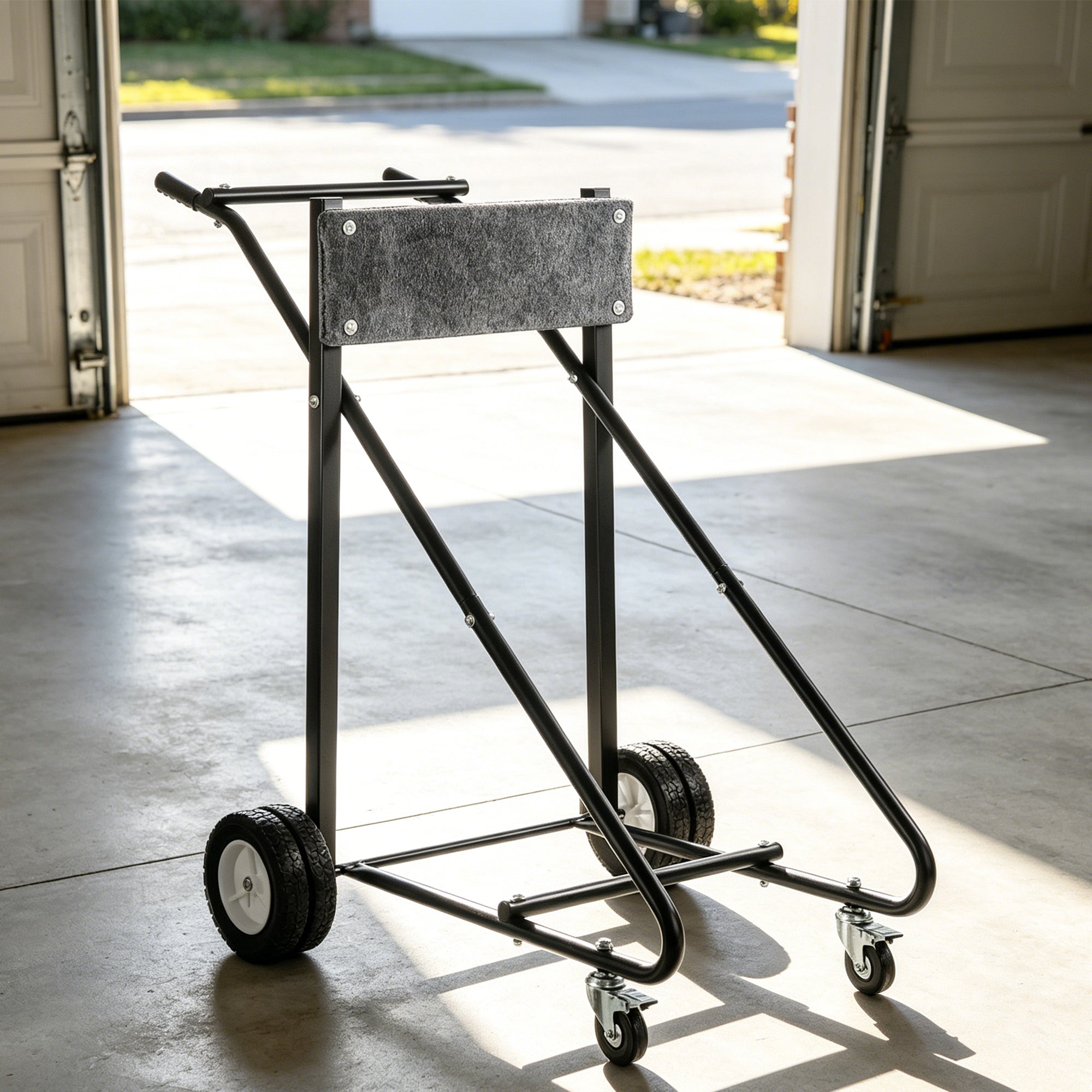 NORTHCAPTAIN Heavy Duty Outboard Motor Stand 315lbs Capacity, 6 Wheels with 2 Front Locking Swivel Casters, Black & Dark Grey Felt Padded Solid Wood Board,Portable Engine Stand for Garage Storage & Maintenance