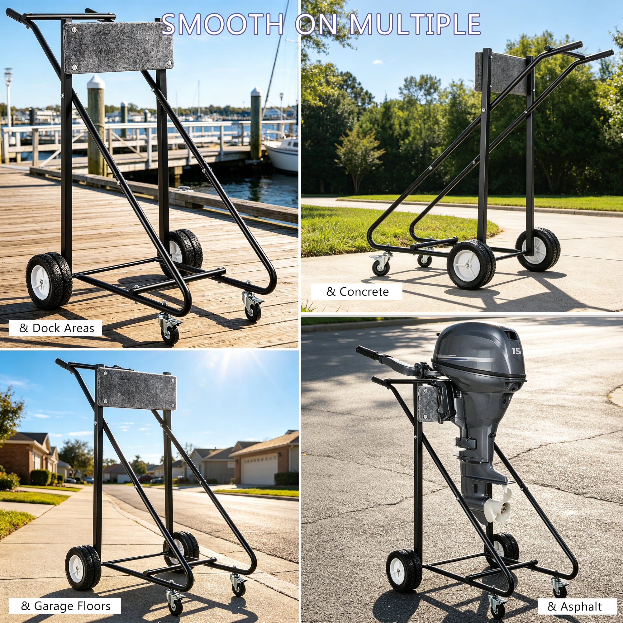 NORTHCAPTAIN Heavy Duty Outboard Motor Stand 315lbs Capacity, 6 Wheels with 2 Front Locking Swivel Casters, Black & Dark Grey Felt Padded Solid Wood Board,Portable Engine Stand for Garage Storage & Maintenance